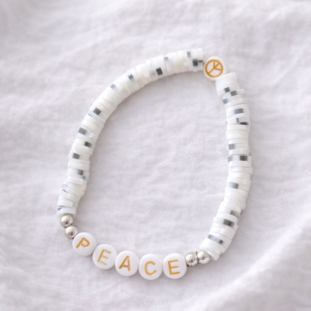 Handmade “PEACE” Beaded Bracelet | White & Silver | Stretch Fit